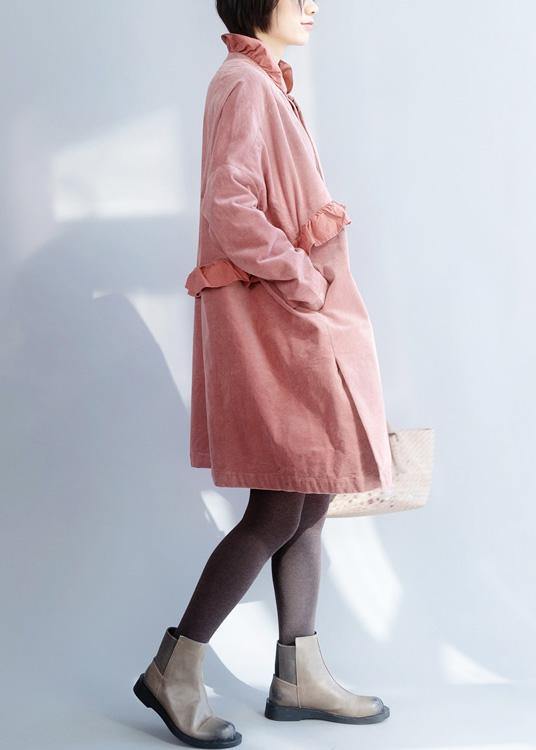 French pink Fashion trench coat Sewing side open ruffles collar jackets