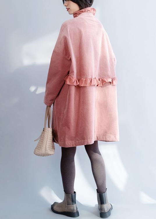 French pink Fashion trench coat Sewing side open ruffles collar jackets