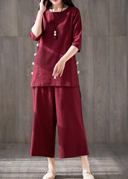 French red cotton clothes For Women Fitted linen wide leg pants two pieces Maxi o neck Chinese Button tops