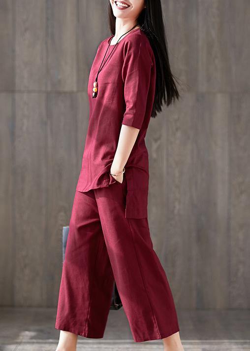 French red cotton clothes For Women Fitted linen wide leg pants two pieces Maxi o neck Chinese Button tops