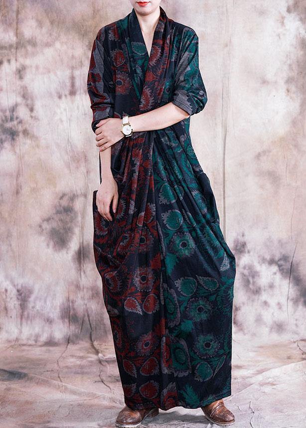 French red patchwork green print cotton tunic v neck Cinched long fall Dresses