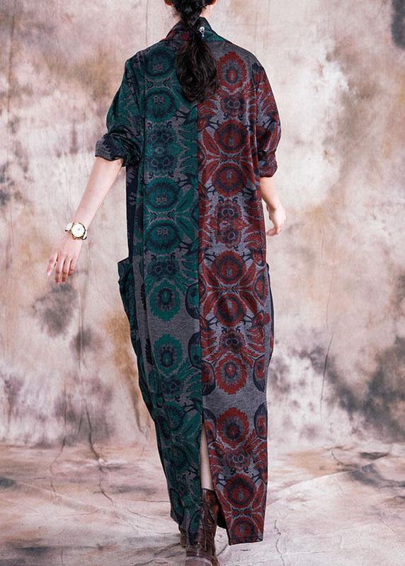 French red patchwork green print cotton tunic v neck Cinched long fall Dresses