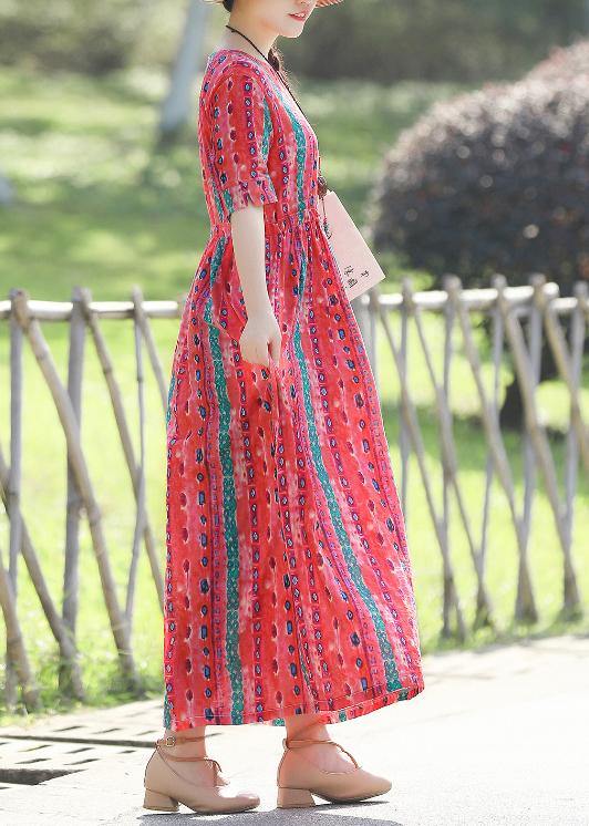 French Red Print Chiffon Wardrobes Pakistani Shape V-neck Art summer Dress