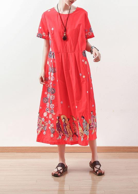 French short sleeve linen Long Shirts Shape red o neck Dress summer