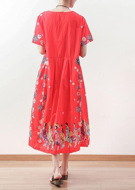 French short sleeve linen Long Shirts Shape red o neck Dress summer