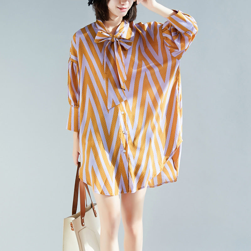 French side open cotton top silhouette Organic Photography yellow striped Knee blouse long sleeve