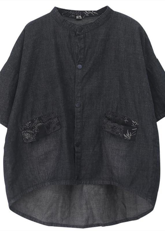 French stand colla pockets cotton Shirts Work denim black shirt