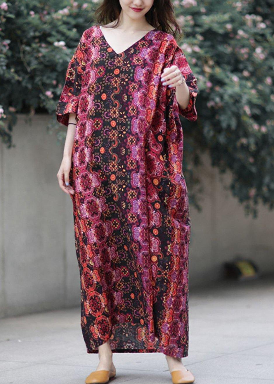 French v neck baggy cotton clothes Catwalk floral loose Dresses