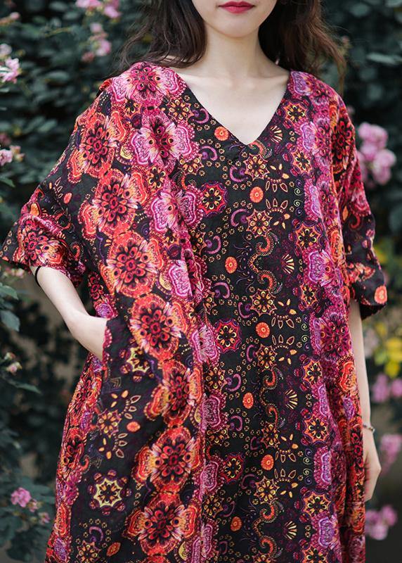 French v neck baggy cotton clothes Catwalk floral loose Dresses