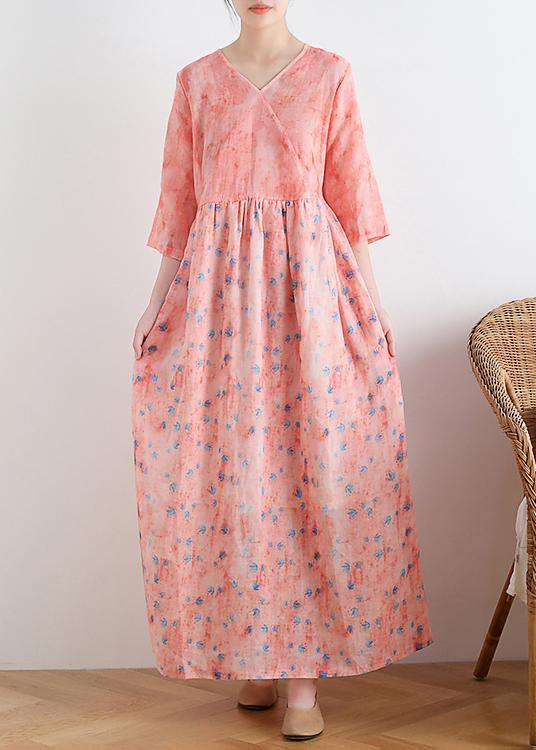 French v neck half sleeve linen summer clothes For Women pink floral Dresses