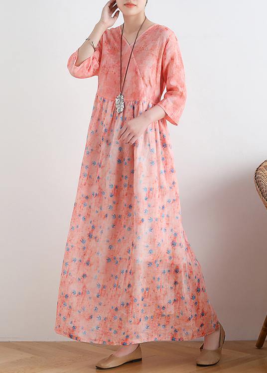 French v neck half sleeve linen summer clothes For Women pink floral Dresses