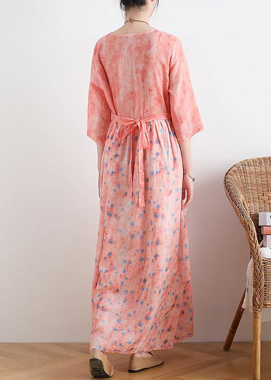 French v neck half sleeve linen summer clothes For Women pink floral Dresses