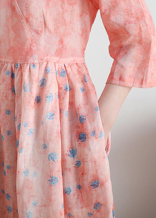 French v neck half sleeve linen summer clothes For Women pink floral Dresses