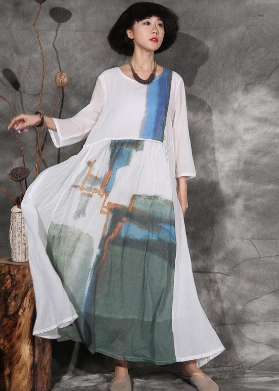 French white prints linen Wardrobes patchwork long autumn Dresses