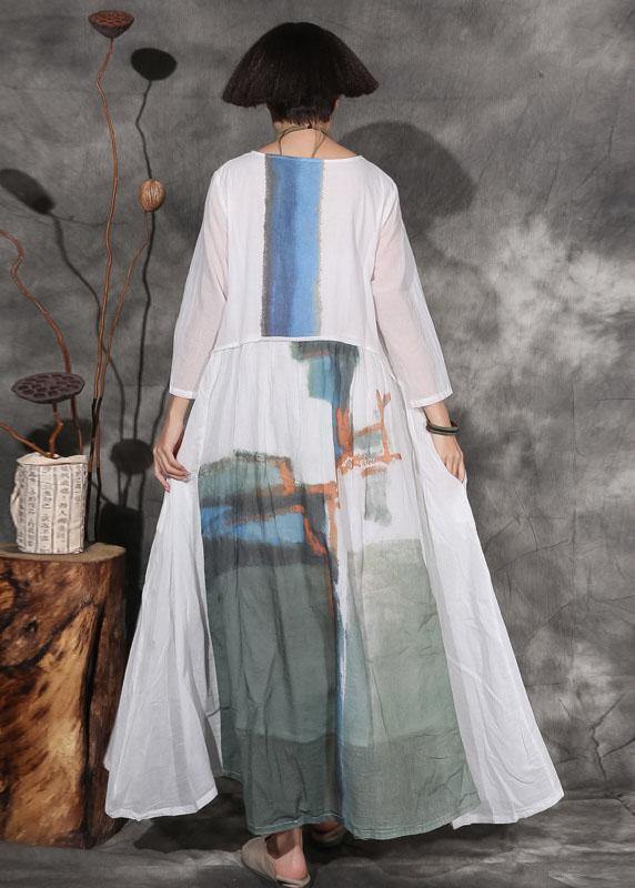 French white prints linen Wardrobes patchwork long autumn Dresses