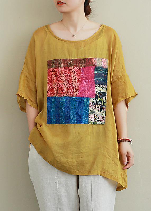 French yellow linen Blouse o neck patchwork summer top