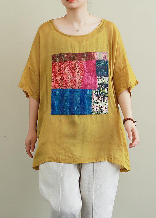 French yellow linen Blouse o neck patchwork summer top