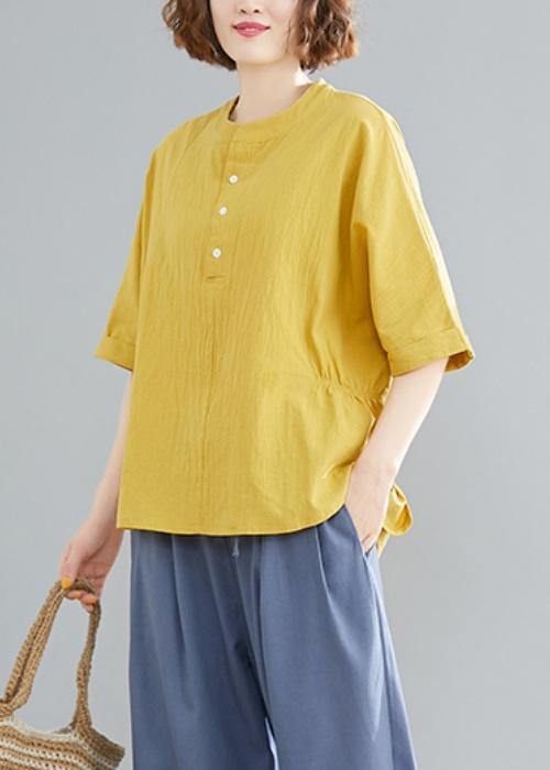 French yellow linen cotton linen tops women blouses Cotton Button Down elastic waist blouse