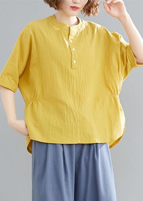 French yellow linen cotton linen tops women blouses Cotton Button Down elastic waist blouse