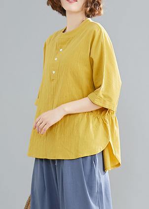 French yellow linen cotton linen tops women blouses Cotton Button Down elastic waist blouse