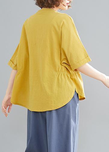 French yellow linen cotton linen tops women blouses Cotton Button Down elastic waist blouse