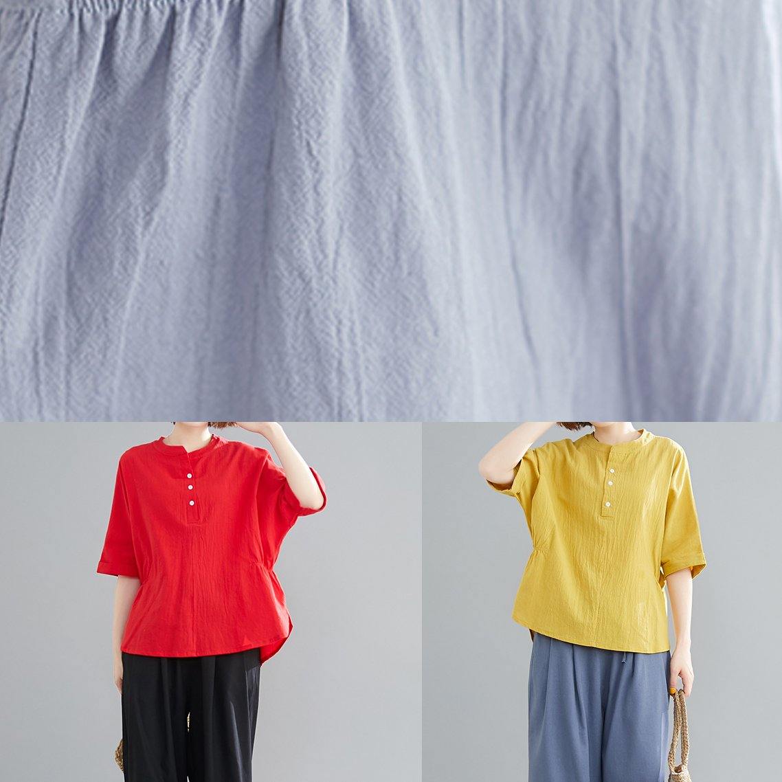 French yellow linen cotton linen tops women blouses Cotton Button Down elastic waist blouse