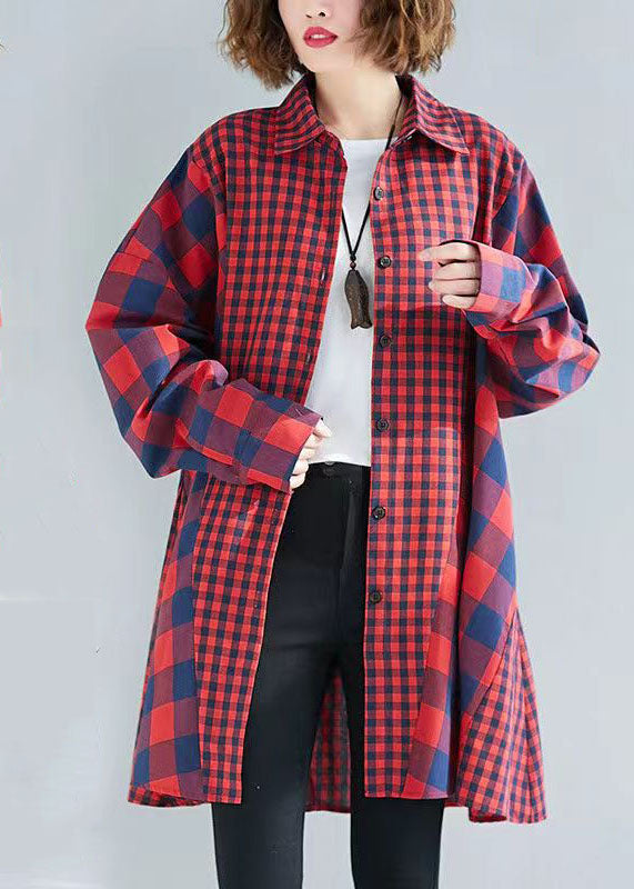 French red plaid clothes lapel patchwork baggy tops