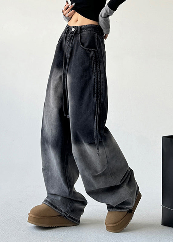 Gradient Color Black High Wais Straight Denim Pants Spring