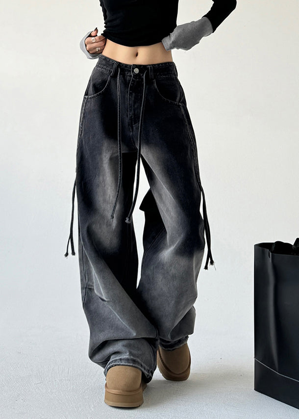 Gradient Color Black High Wais Straight Denim Pants Spring