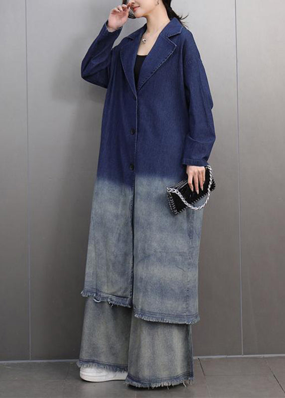 Gradient Color Denim Blue Long Coats And Wide Leg Pants Two Piece Set Spring