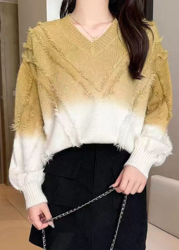 Gradient Color Pink V Neck Tassel Cotton Knit Sweater Tops Winter