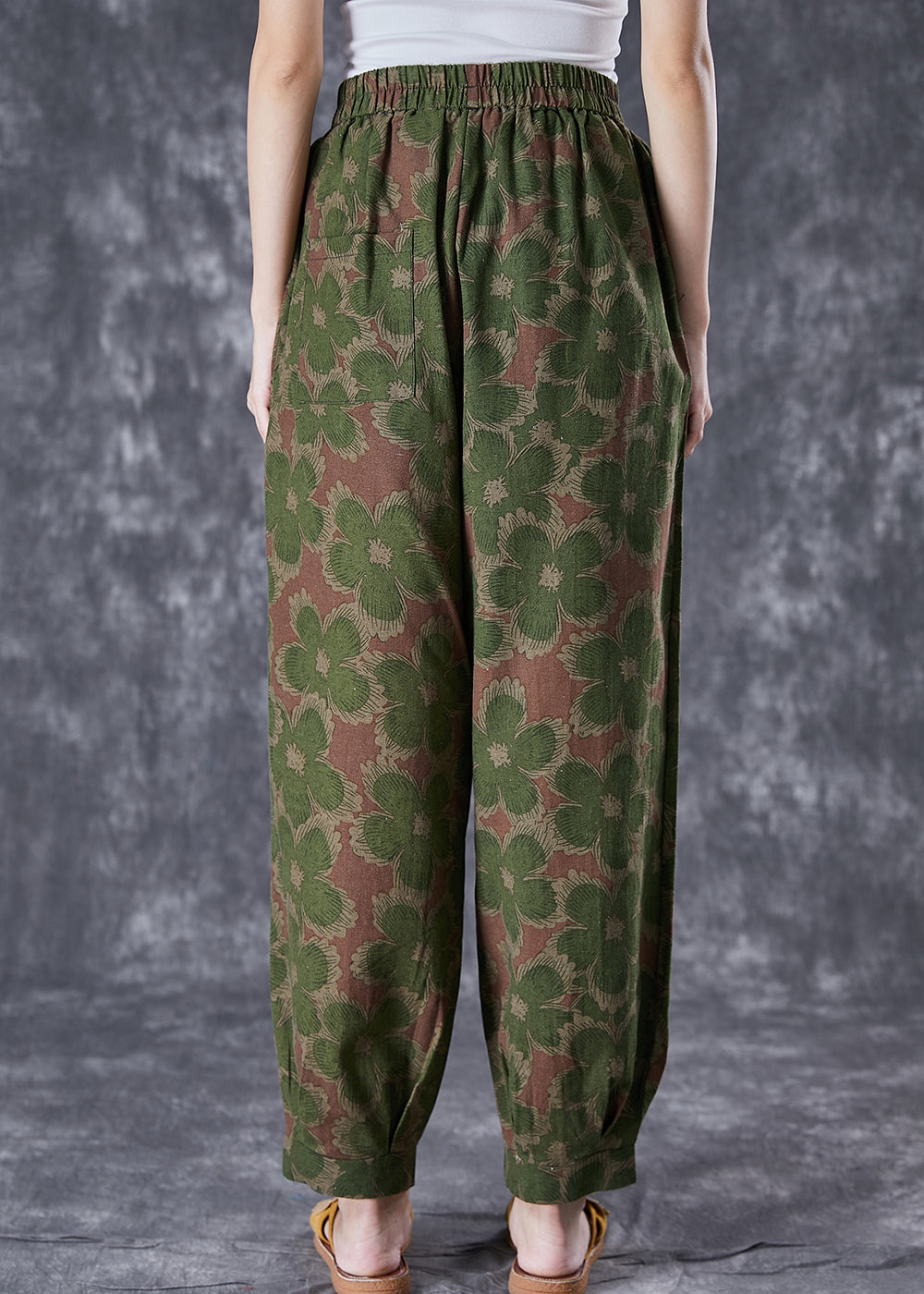 Green Floral Print Linen Pants Oversized Elastic Waist Summer