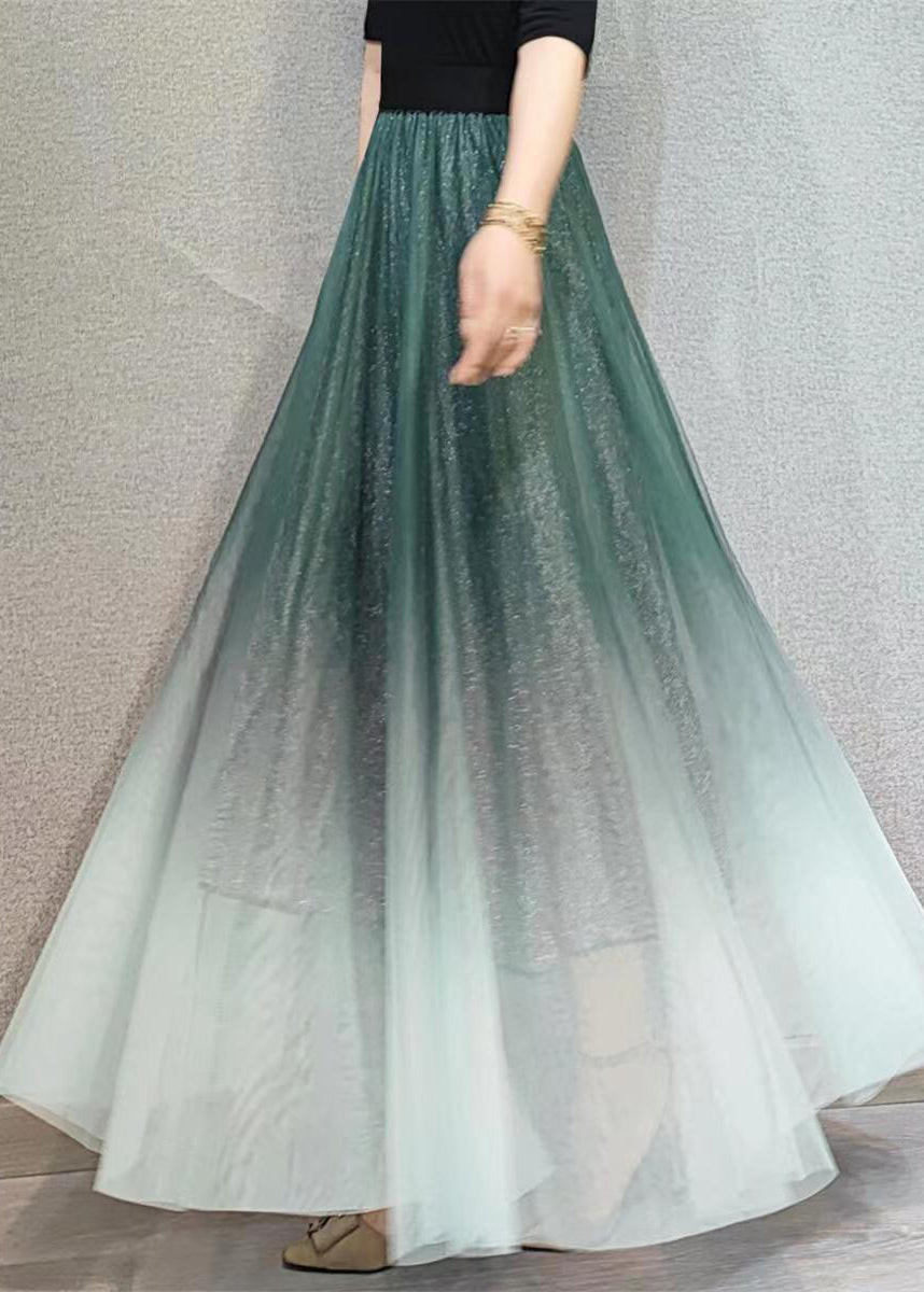 Green Gradient Elastic Waist Wrinkled Tulle Skirts Spring