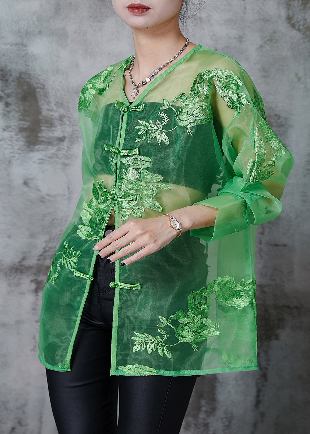 Green Organza Oriental Blouses Embroidered Chinese Button Summer