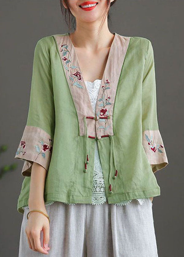 Green Patchwork Cotton Linen Loose Shirts Tassel Embroideried Bracelet Sleeve