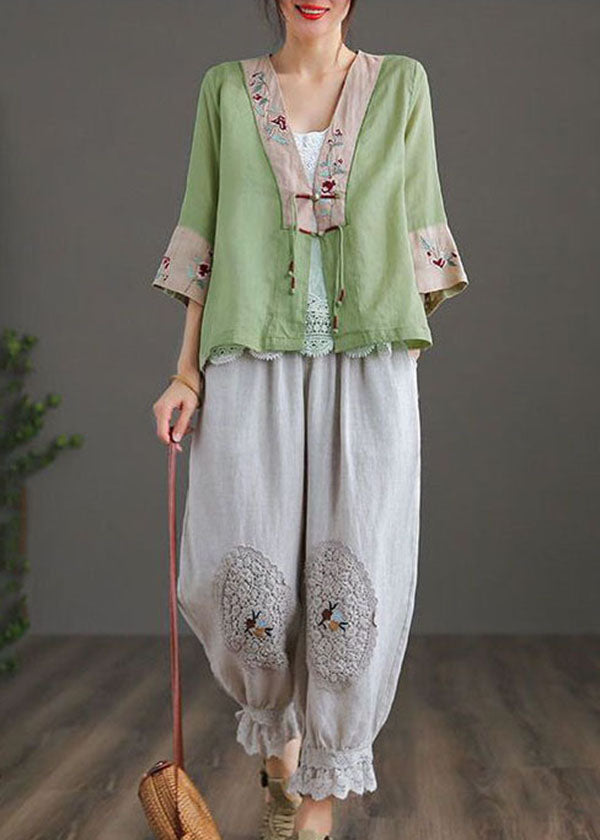 Green Patchwork Cotton Linen Loose Shirts Tassel Embroideried Bracelet Sleeve