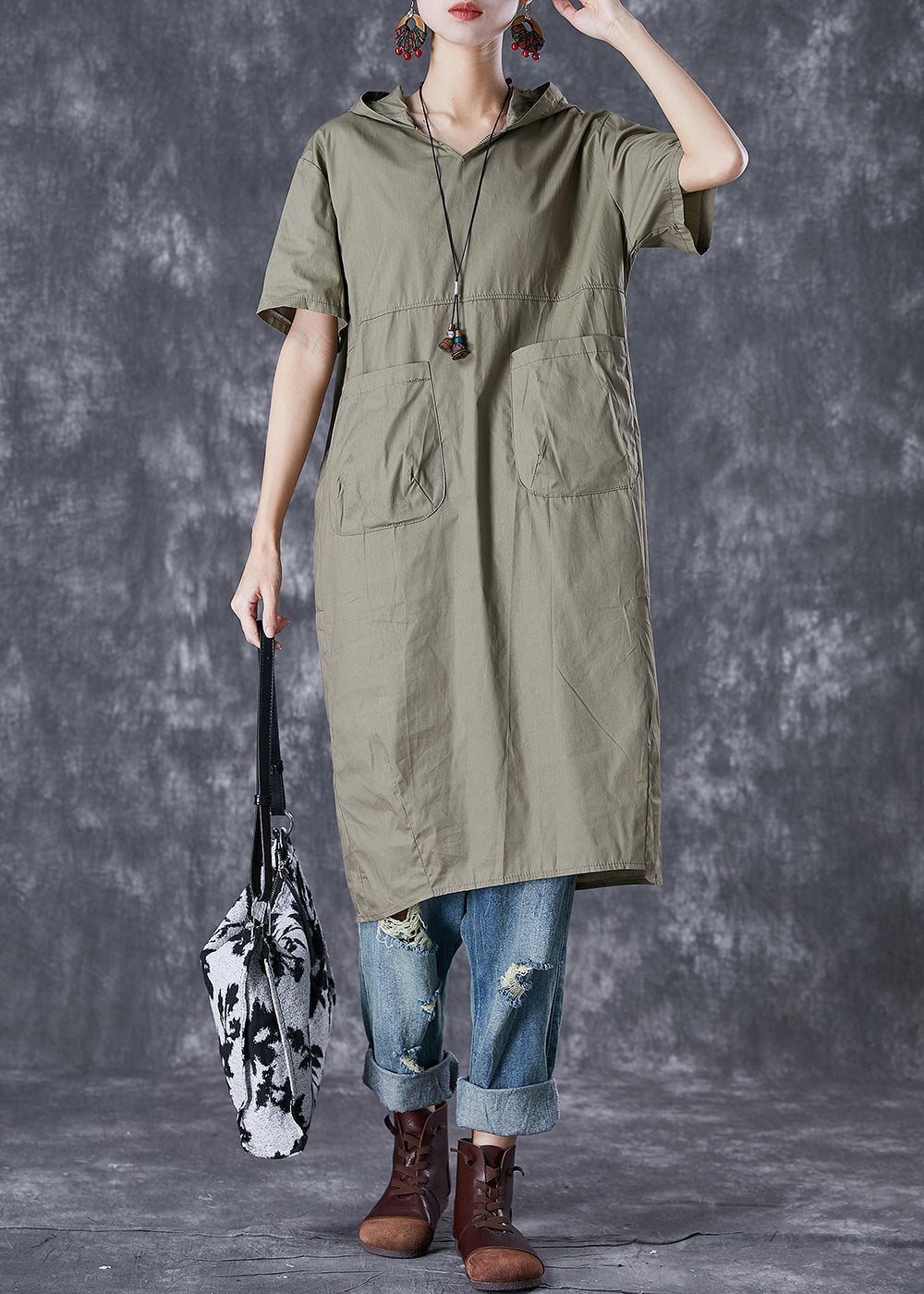 Green Patchwork Cotton Pullover Sweatshirt Dress Hooded Pockets Summer