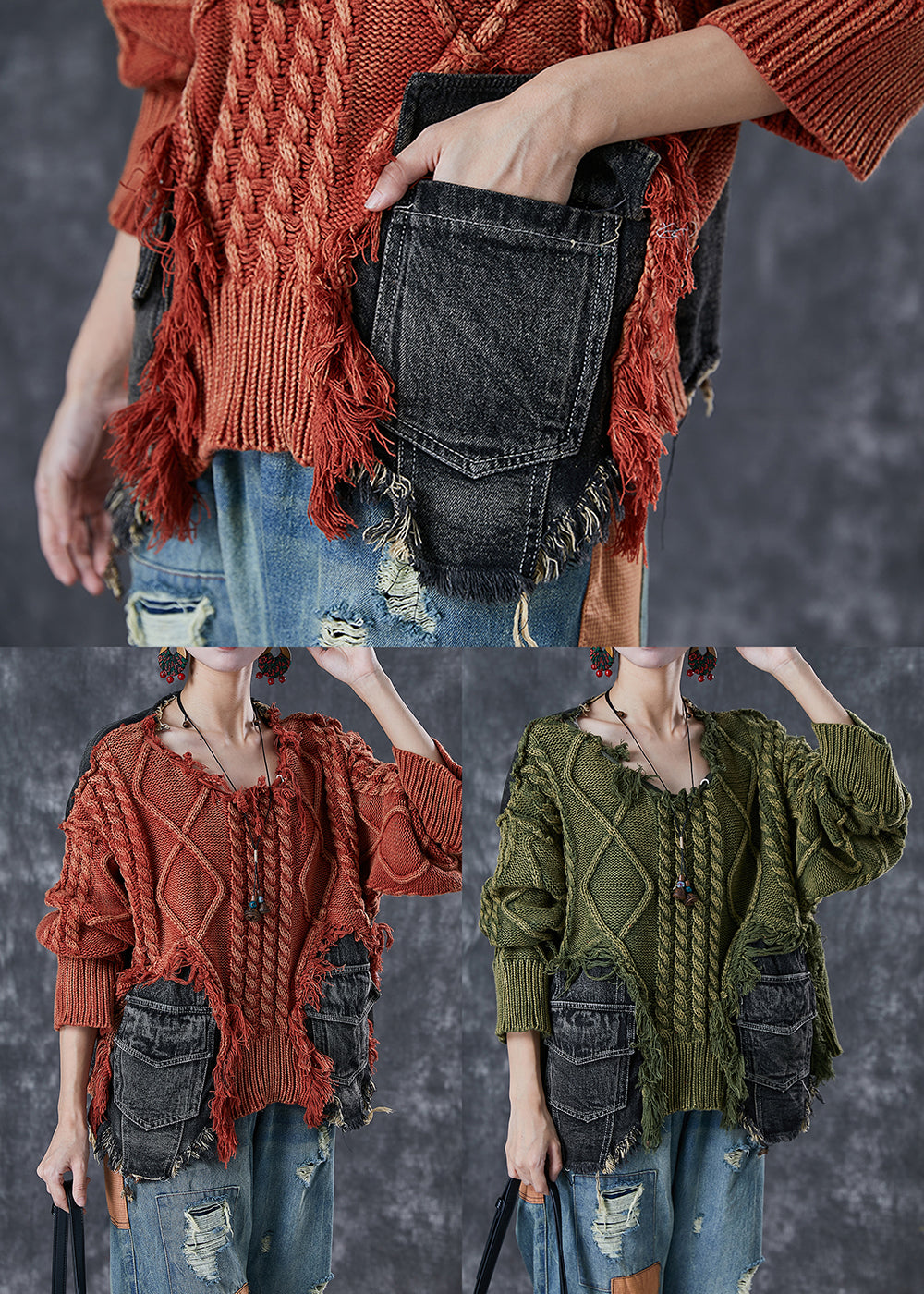 Green Patchwork Denim Knit Ripped Sweaters Asymmetrical Winter