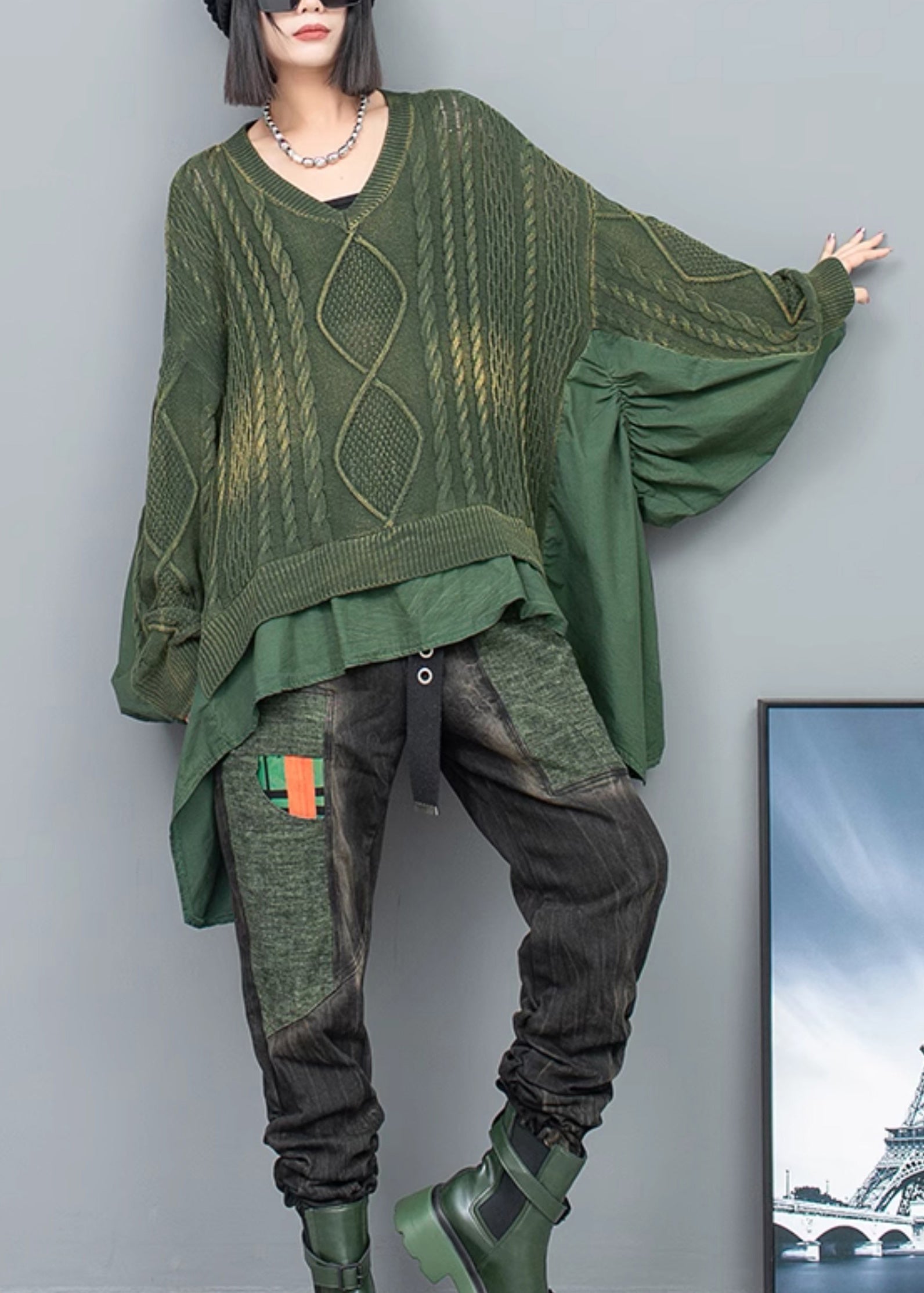 Green Patchwork Knit Pullover V Neck Ruffled Batwing Sleeve