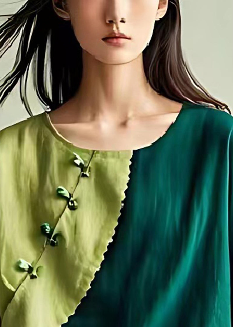 Green Patchwork Linen Blouses Chinese Button Ruffled Summer