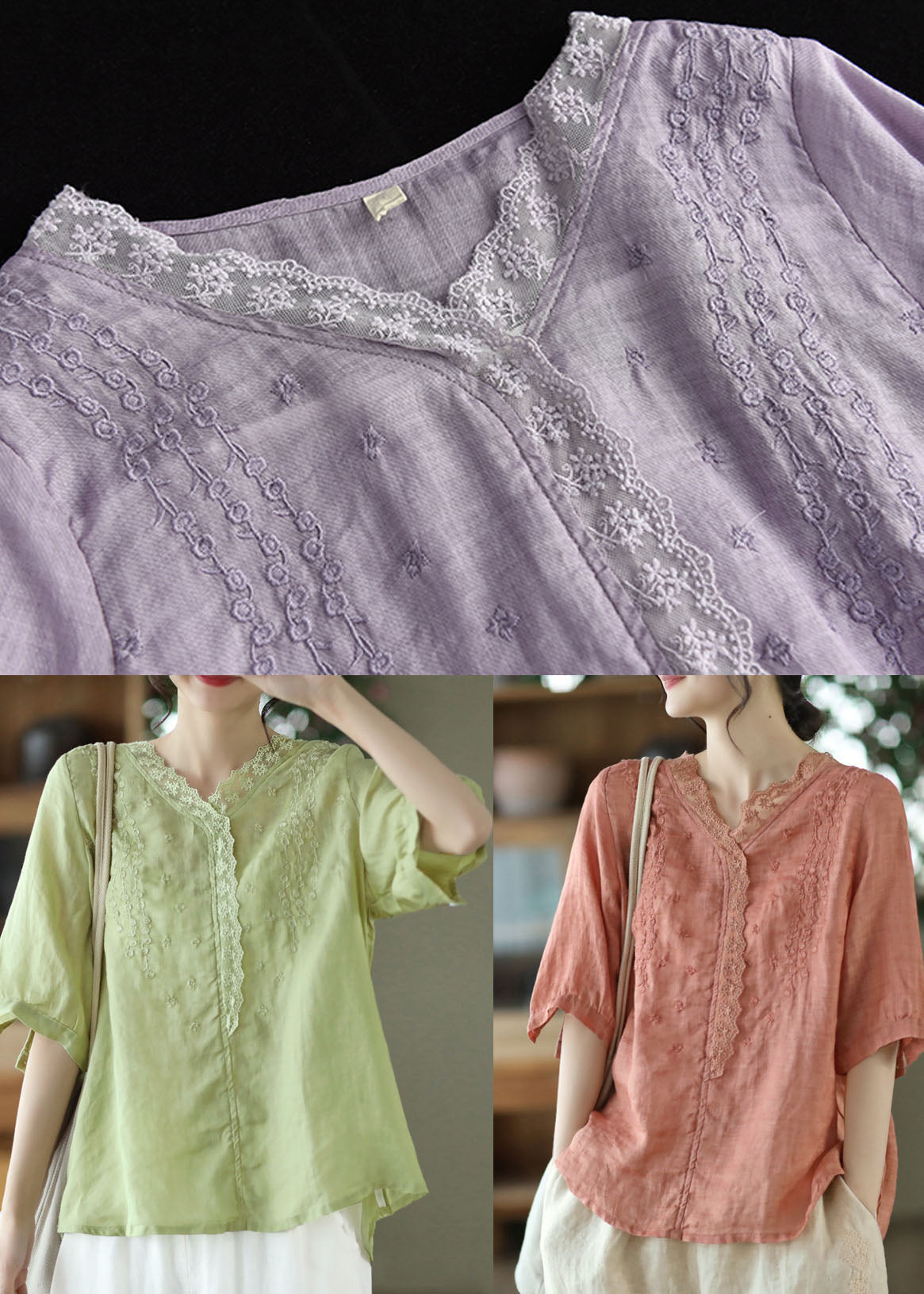 Green Patchwork Linen Shirt Top Embroideried Half Sleeve