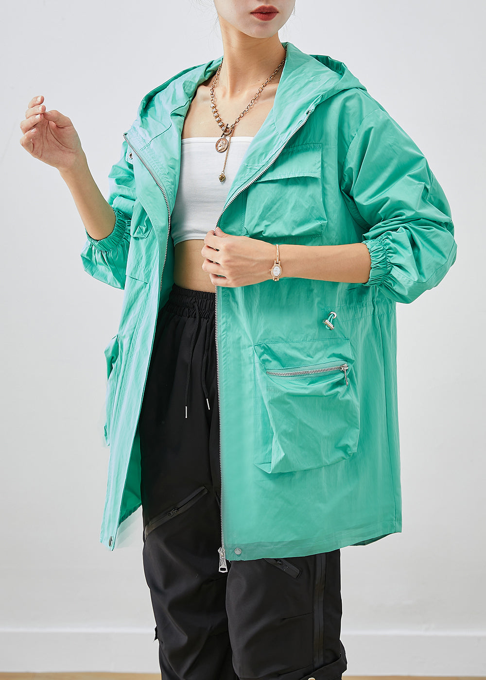 Green Patchwork Spandex Coat Outwear Hooded Pockets Fall