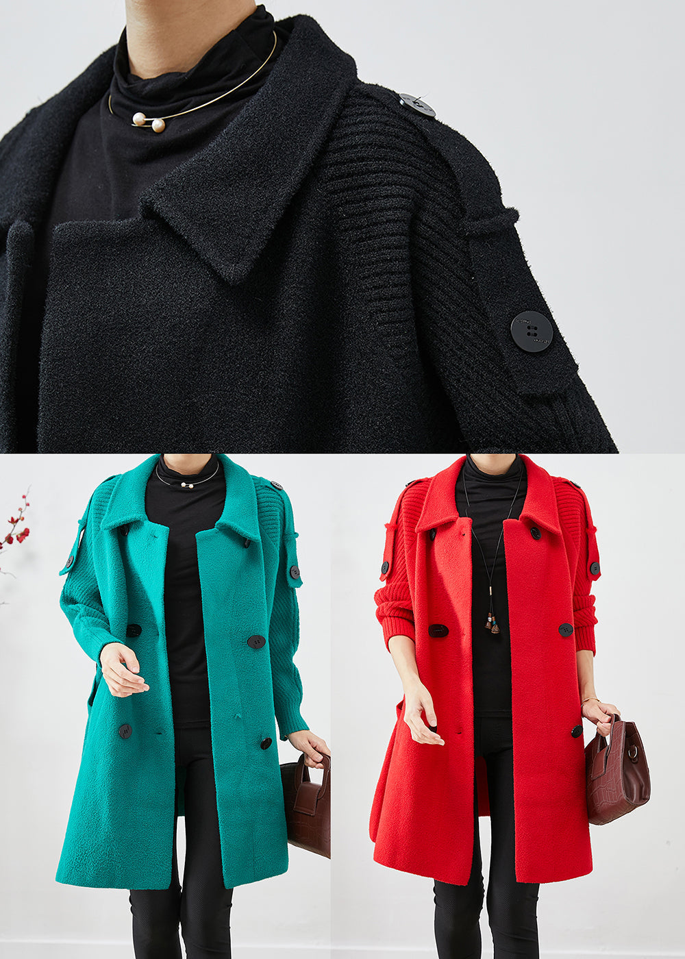 Green Patchwork Woolen Trench Oversized Double Breast Fall