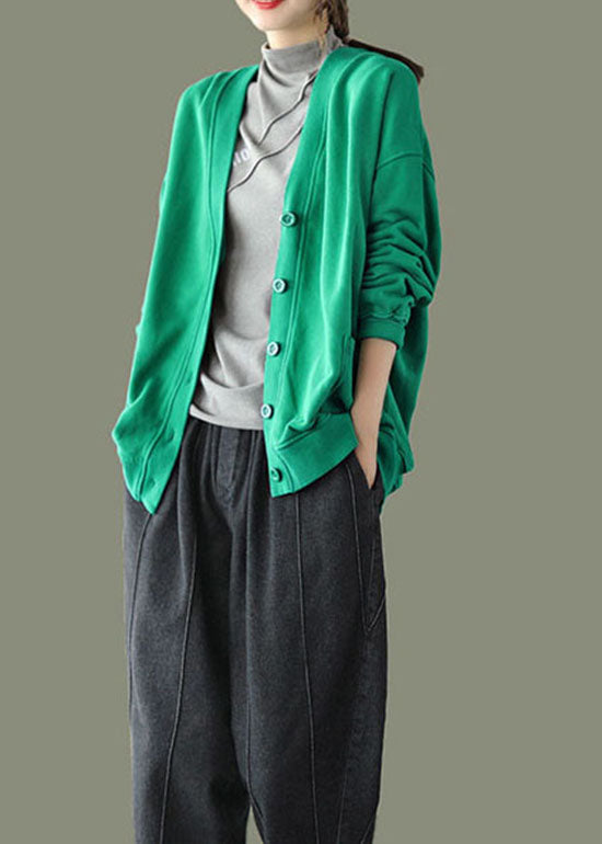 Green Pockets Knitted Patchwork Coats Long Sleeve