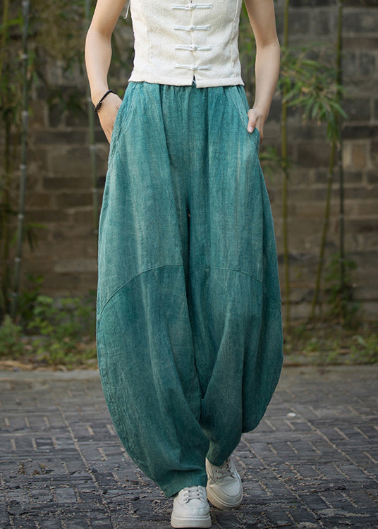 Green Pockets Linen Wide Leg Pants Elastic Waist