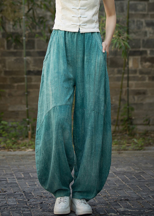 Green Pockets Linen Wide Leg Pants Elastic Waist