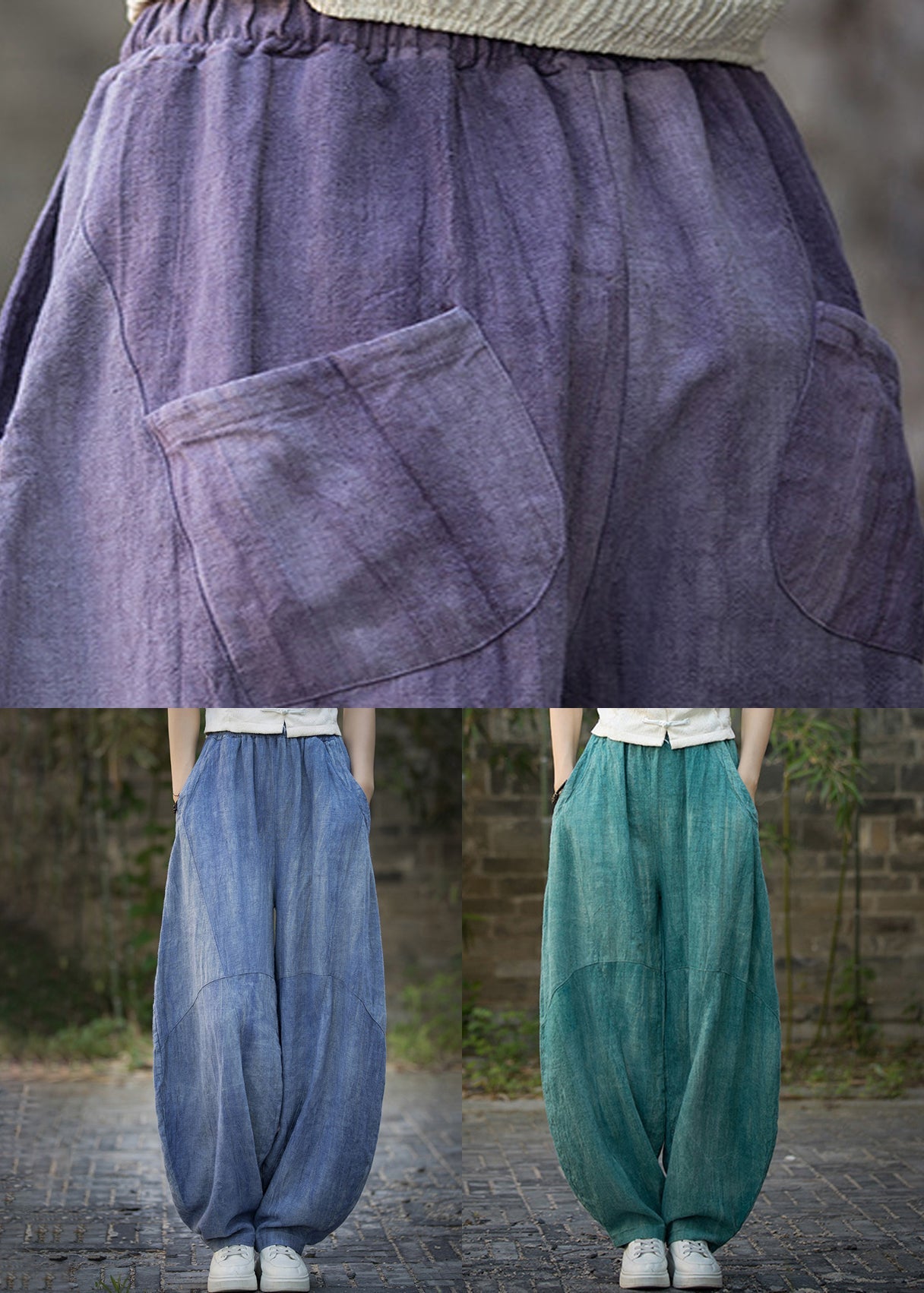 Green Pockets Linen Wide Leg Pants Elastic Waist