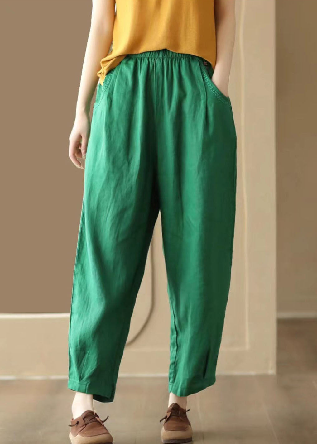 Green Pockets Patchwork Linen Pants Elastic Waist Summer