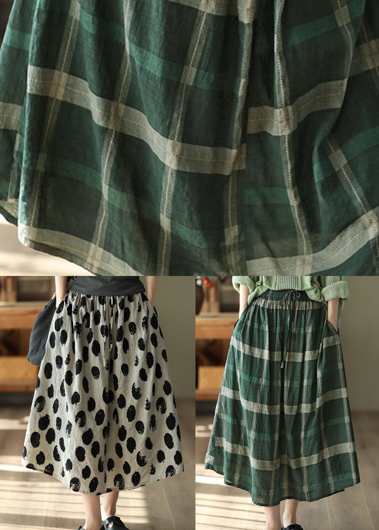 Green Pockets Plaid Print Linen Skirt Elastic Waist Spring