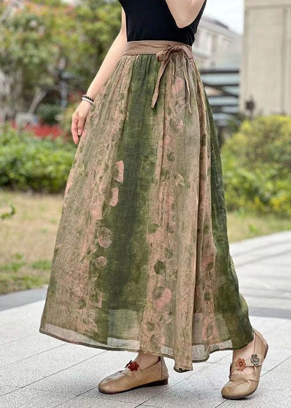 Green Pockets Print Patchwork Linen Skirts Lace Up Summer